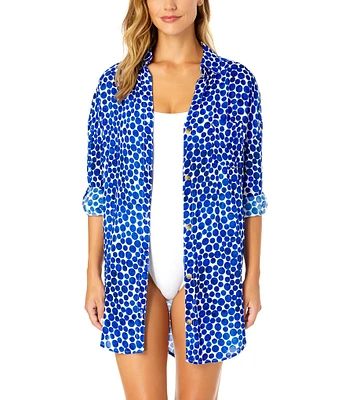 Anne Cole Denim Dotted Boyfriend Point Collar Button Front Swim Cover-Up Shirt