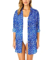 Anne Cole Denim Dotted Boyfriend Point Collar Button Front Swim Cover-Up Shirt