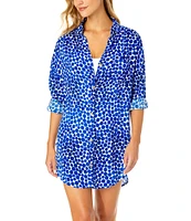 Anne Cole Denim Dotted Boyfriend Point Collar Button Front Swim Cover-Up Shirt