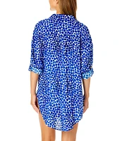 Anne Cole Denim Dotted Boyfriend Point Collar Button Front Swim Cover-Up Shirt