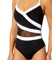 Anne Cole Mesh Insert Colorblock V-Neck One Piece Swimsuit