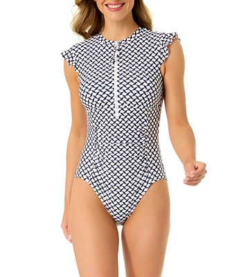 Anne Cole Neo Geo Crew Neck Flutter Sleeves Zip Front One Piece Swimsuit