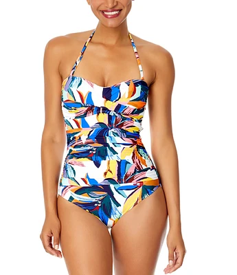 Anne Cole Riviera Floral Twist Front Shirred Strapless Bandeau One Piece Swimsuit