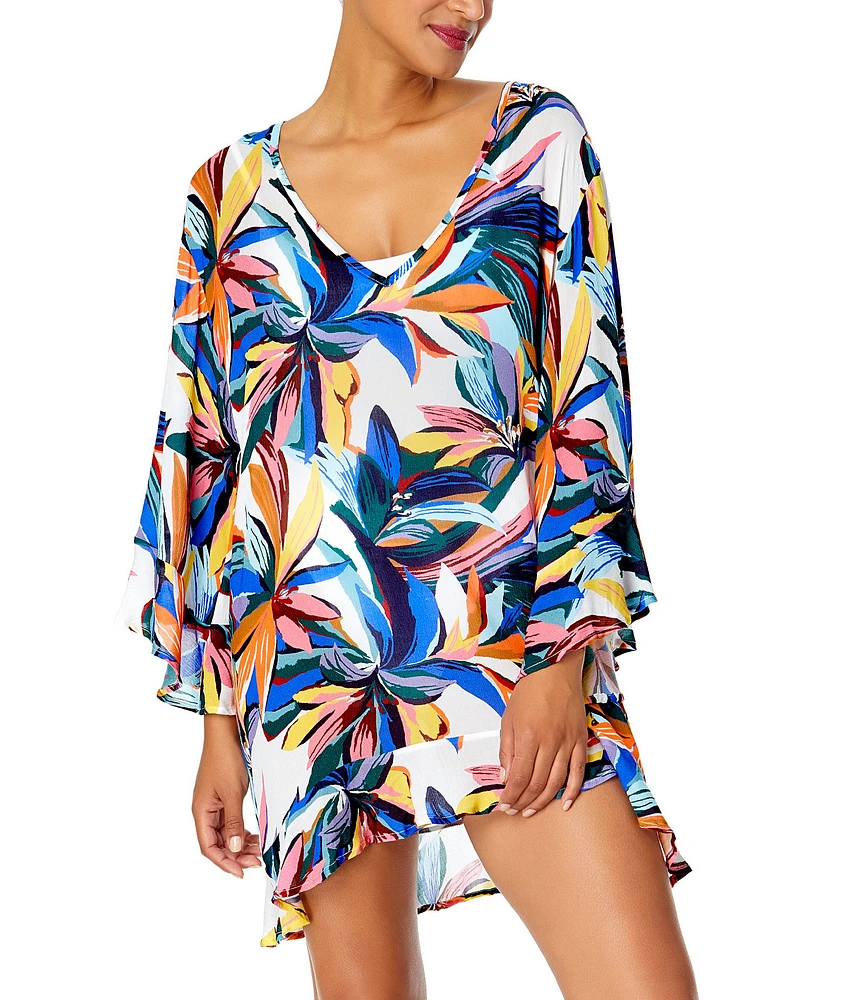 Anne Cole Riviera Floral V-Neck Bell Sleeves Flounce Tunic Swim Cover-Up