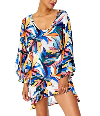 Anne Cole Riviera Floral V-Neck Bell Sleeves Flounce Tunic Swim Cover-Up