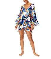 Anne Cole Riviera Floral V-Neck Bell Sleeves Flounce Tunic Swim Cover-Up