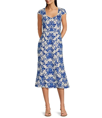 Anne Klein Chiffon Floral Print Square Neck Cap Sleeve Sheath Midi Dress