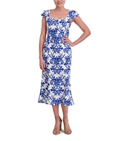 Anne Klein Chiffon Floral Print Square Neck Cap Sleeve Sheath Midi Dress