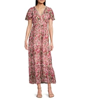 Anne Klein Chiffon Floral Print V Neck Short Sleeve A-Line Midi Dress