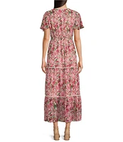 Anne Klein Chiffon Floral Print V Neck Short Sleeve A-Line Midi Dress