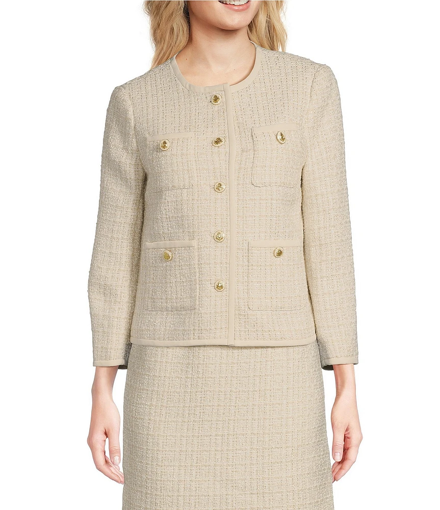 Anne Klein Coordinating Tweed Framed Four Patch Pocket Collarless Long Sleeve Button-Front Jacket