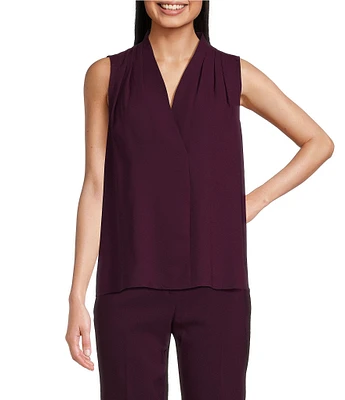 Anne Klein Crepe Sleeveless Pleated Shoulder V-Neck Blouse