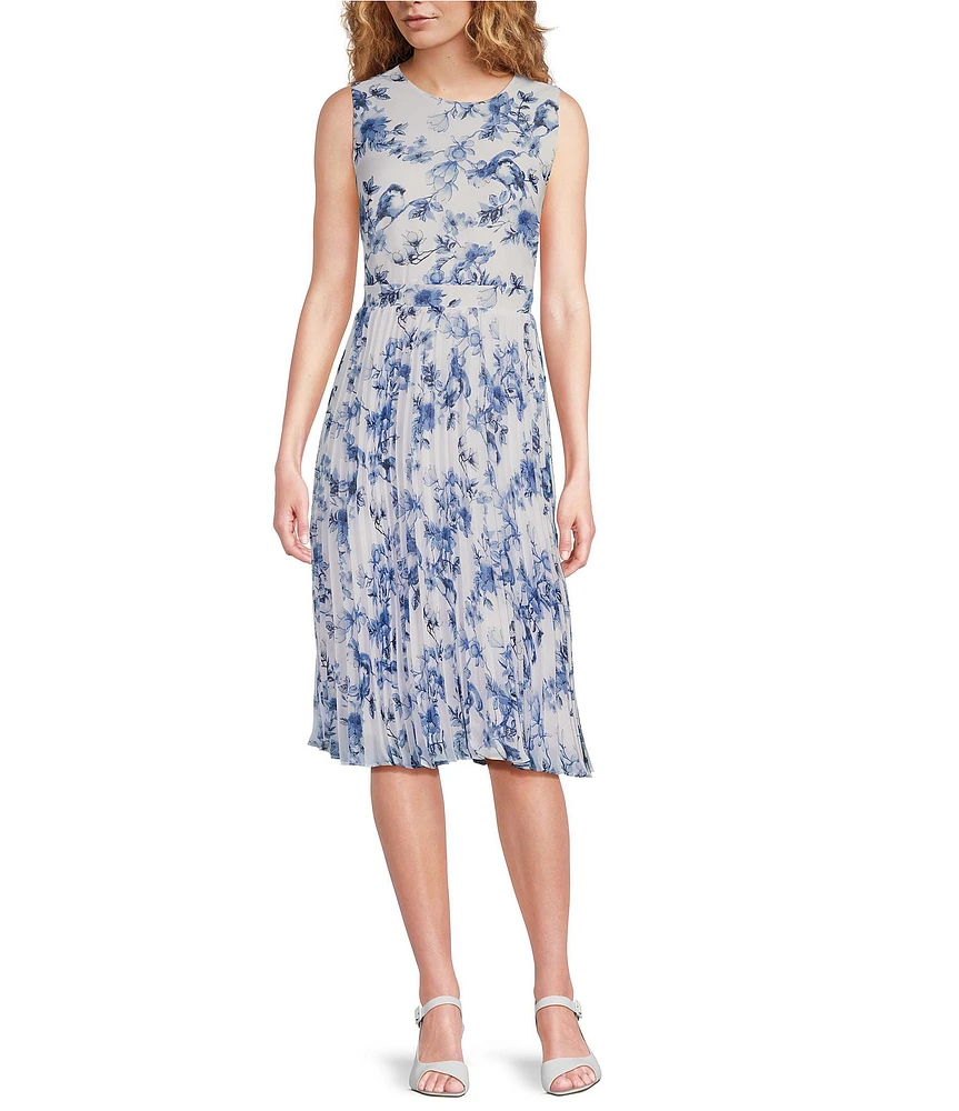 Anne Klein Floral Chiffon Sleeveless Pleated Crew Neck Fit and Flare Midi Dress