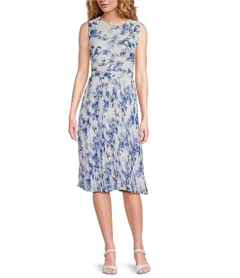 Anne Klein Floral Chiffon Sleeveless Pleated Crew Neck Fit and Flare Midi Dress