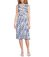 Anne Klein Floral Chiffon Sleeveless Pleated Crew Neck Fit and Flare Midi Dress