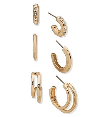 Anne Klein Gold Tone Crystal Stone Trio Hoop Earring Set