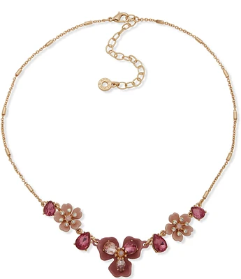 Anne Klein Gold Tone Pink Multi Flower Stone Frontal Collar Necklace