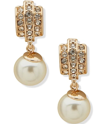 Anne Klein Gold Tone White Pearl Crystal Dome Button Drop Earrings