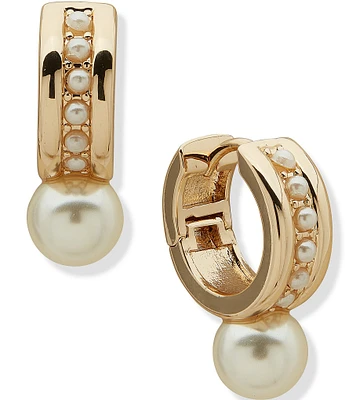 Anne Klein Gold Tone White Pearl Huggie Hoop Earrings