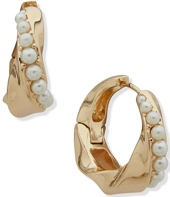Anne Klein Gold Tone White Pearl Twisted Hoop Earrings