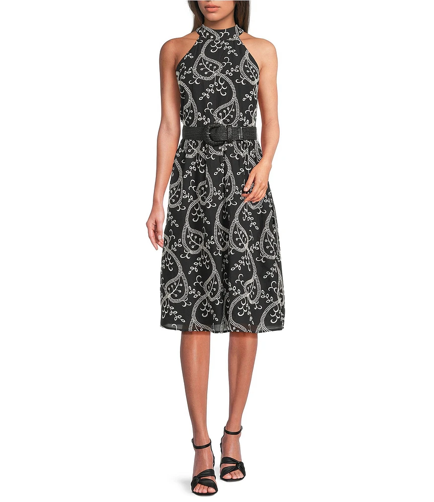 Anne Klein Halter Neck Belted Embroidered A-Line Midi Dress
