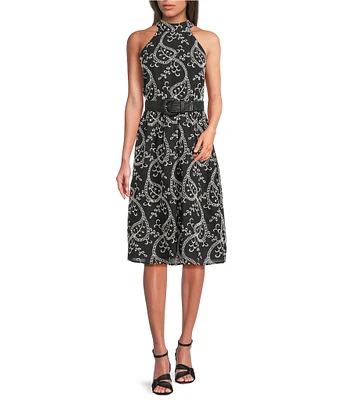Anne Klein Halter Neck Belted Embroidered A-Line Midi Dress