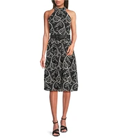 Anne Klein Halter Neck Belted Embroidered A-Line Midi Dress