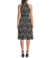 Anne Klein Halter Neck Belted Embroidered A-Line Midi Dress