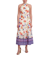 Anne Klein Halter Neck Sleeveless Floral Print Maxi Dress