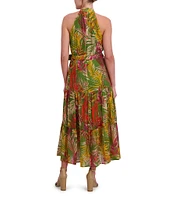 Anne Klein Halter Neck Sleeveless Tropical Print Chiffon Tiered Maxi Dress