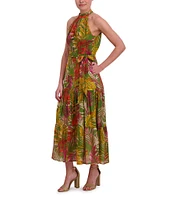 Anne Klein Halter Neck Sleeveless Tropical Print Chiffon Tiered Maxi Dress