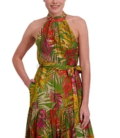 Anne Klein Halter Neck Sleeveless Tropical Print Chiffon Tiered Maxi Dress
