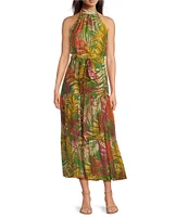 Anne Klein Halter Neck Sleeveless Tropical Print Chiffon Tiered Maxi Dress