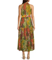 Anne Klein Halter Neck Sleeveless Tropical Print Chiffon Tiered Maxi Dress