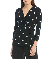 Anne Klein Knit Jersey Polka Dot Print V-Neck 3/4 Sleeve Faux-Wrap Top