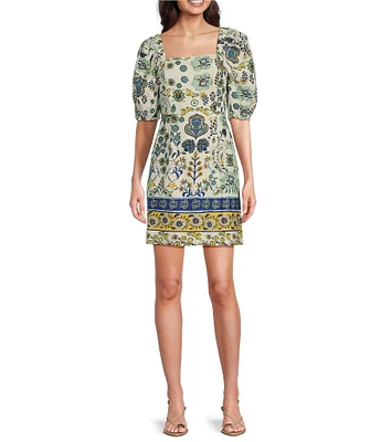 Anne Klein Linen Blend Floral Print Square Neck Short Sleeve Sheath Mini Dress