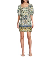 Anne Klein Linen Blend Floral Print Square Neck Short Sleeve Sheath Mini Dress