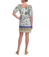 Anne Klein Linen Blend Floral Print Square Neck Short Sleeve Sheath Mini Dress