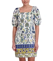 Anne Klein Linen Blend Floral Print Square Neck Short Sleeve Sheath Mini Dress