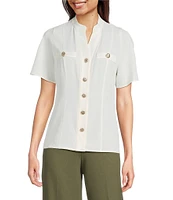 Anne Klein Mandarin Collar Flutter Short Sleeve Button Front Top