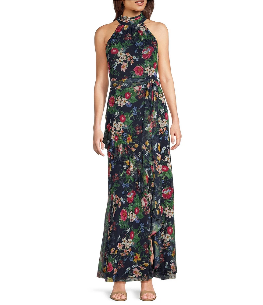 Anne Klein Mesh Floral Print Mock Neck Sleeveless Ruffle Blouson Maxi Dress