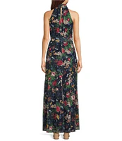 Anne Klein Mesh Floral Print Mock Neck Sleeveless Ruffle Blouson Maxi Dress