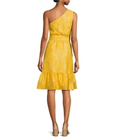 Anne Klein One Shoulder Floral Jacquard Organza Ruffle Hem Sheath Midi Dress