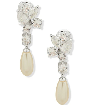 Anne Klein Pearl Crystal Silver Tone Cluster Drop Earrings