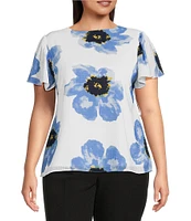 Anne Klein Plus Floral Printed V Neckline Short Flutter Sleeve Blouse