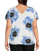 Anne Klein Plus Floral Printed V Neckline Short Flutter Sleeve Blouse