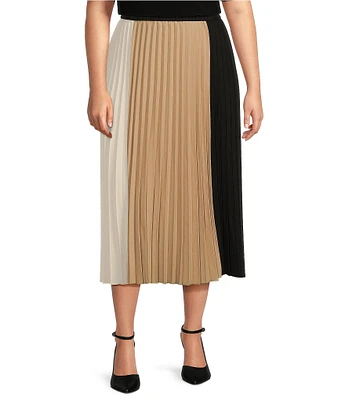 Anne Klein Plus Size Crepe de Chine A-Line Pleated Color-Block Pull-On Midi Skirt