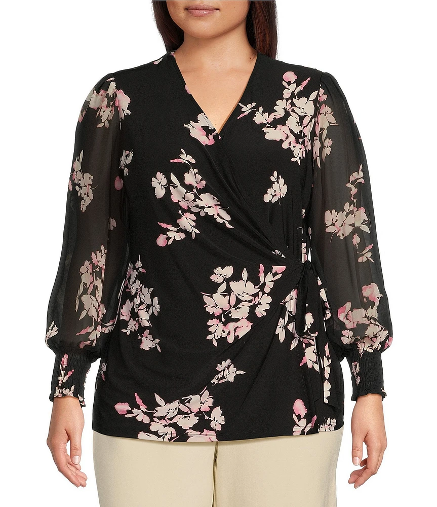 Anne Klein Plus Size Floral Long Sleeve V-Neck Faux Wrap Top