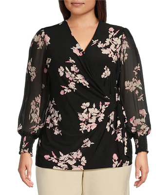 Anne Klein Plus Size Floral Long Sleeve V-Neck Faux Wrap Top
