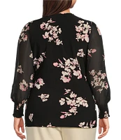 Anne Klein Plus Size Floral Long Sleeve V-Neck Faux Wrap Top